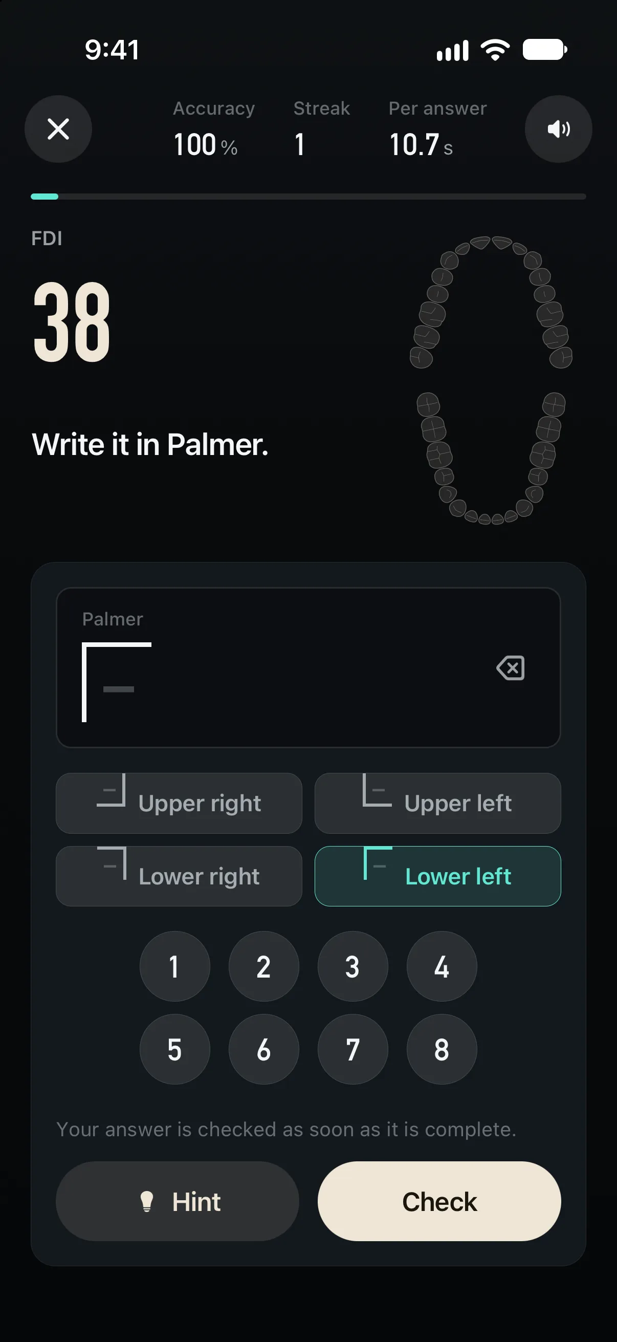 Handpiece numbering drill asking for FDI 38 in Palmer notation, with a Palmer quadrant keypad, accuracy, streak and time per answer.