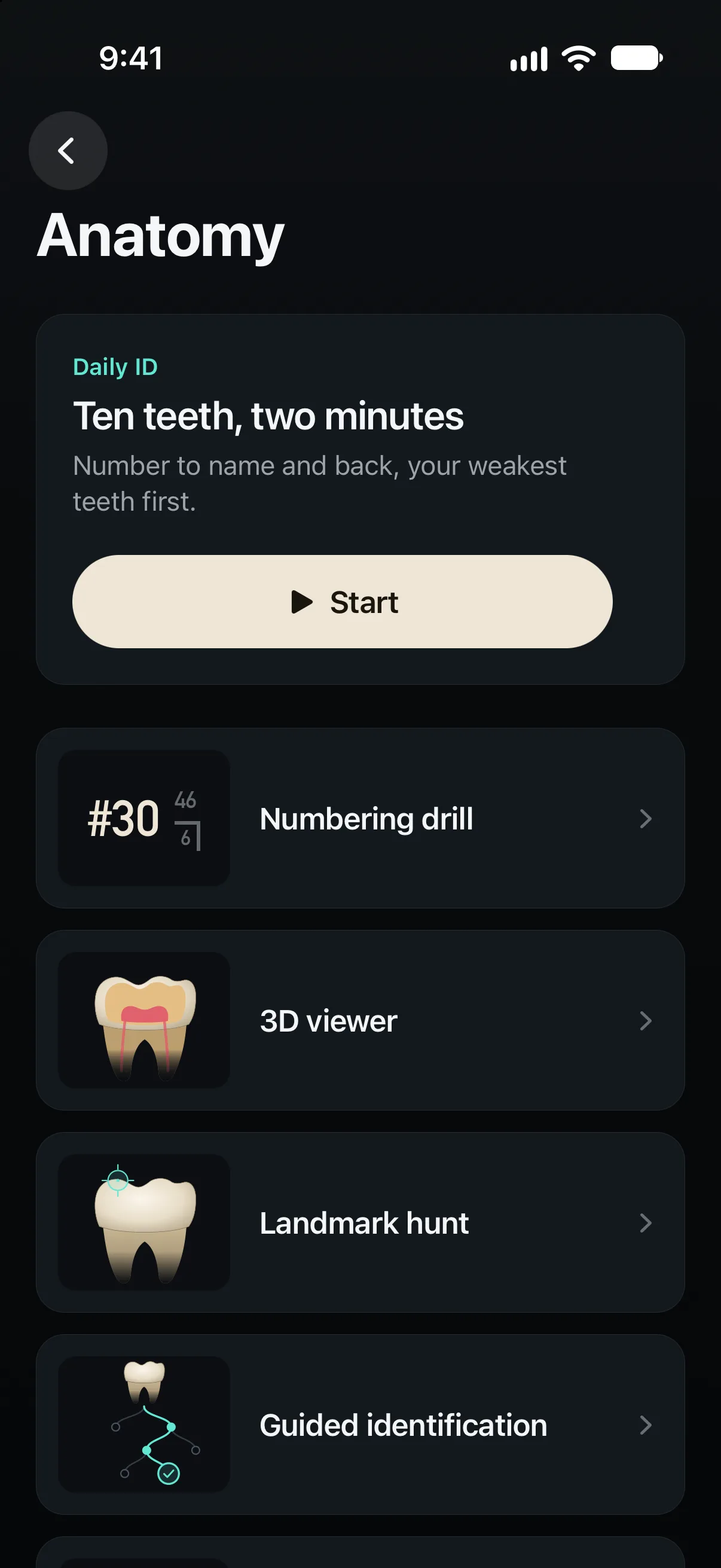 Handpiece Anatomy menu with the Daily ID card, ten teeth in two minutes, above the numbering drill, 3D viewer, landmark hunt and guided identification.